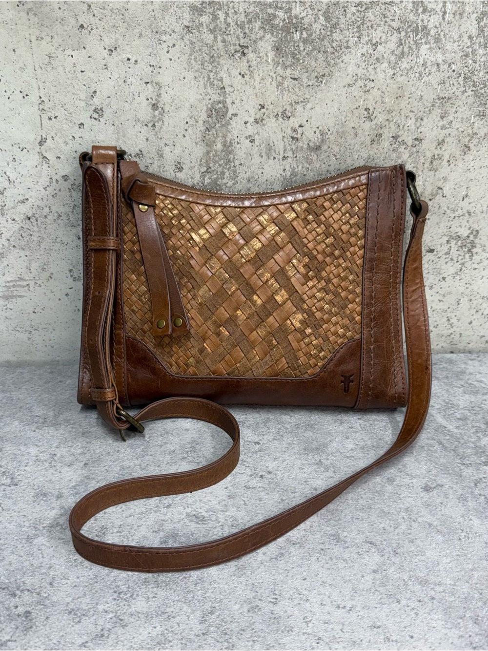 Frye Melissa Cognac Woven Leather Crossbody Bag